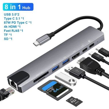 Hub Type C 8 in 1 HDMI xuất màn hình ngoài, đầu đọc thẻ, cổng LAN, sạc PD