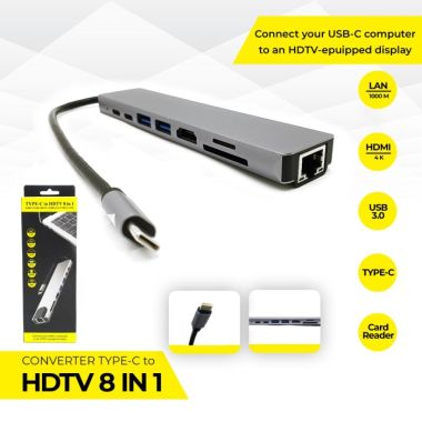 Hub Type C 8 in 1 HDMI xuất màn hình ngoài, đầu đọc thẻ, cổng LAN, sạc PD