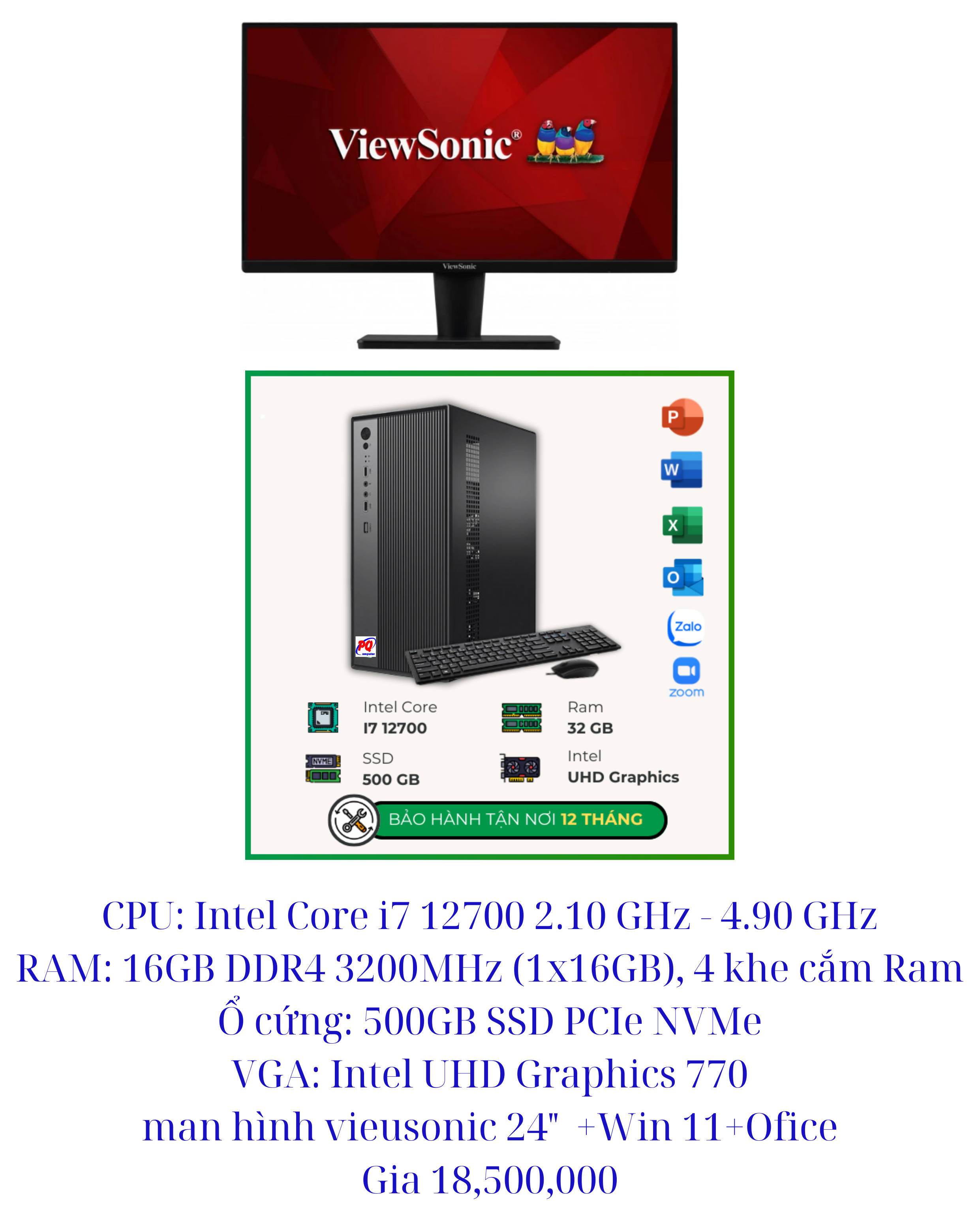 Máy Bộ PQ I7-12700, Ram 16GB, SSD500