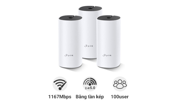 TP-Link Deco M4 3-Pack (Chuẩn AC/ AC1200Mbps/ 2 Ăng-ten ngầm/ Wifi Mesh/ Dưới 100 User